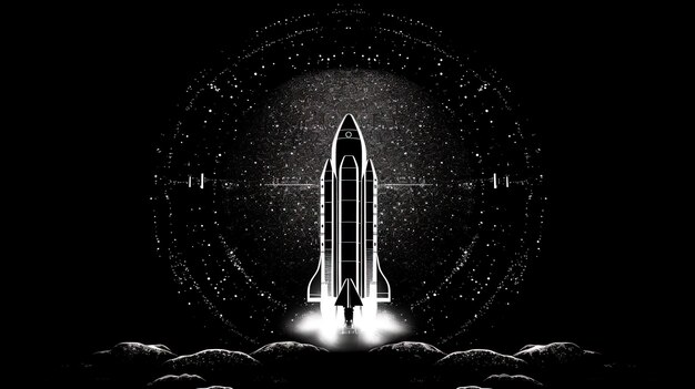 Photo scène de lancement de fusée dans le style rétro noir et blanc illustration du décollage de la fusée