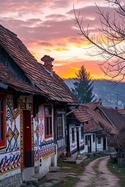 Scène d'un lever de soleil au-dessus d'un village traditionnel d'Europe de l'Est