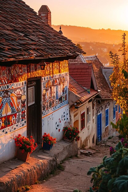 Scène d'un lever de soleil au-dessus d'un village traditionnel d'Europe de l'Est