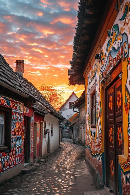 Scène d'un lever de soleil au-dessus d'un village traditionnel d'Europe de l'Est