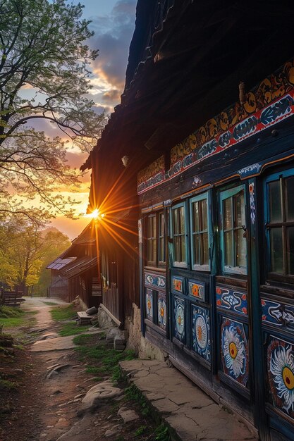 Photo scène d'un lever de soleil au-dessus d'un village traditionnel d'europe de l'est