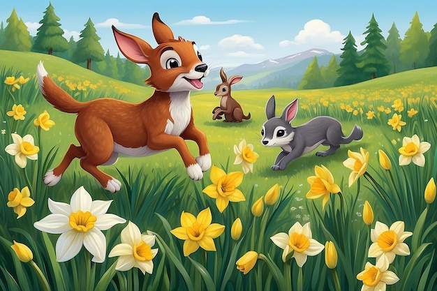 Scène d'un livre pour enfants Des animaux s'amusent parmi les narcisses Illustration