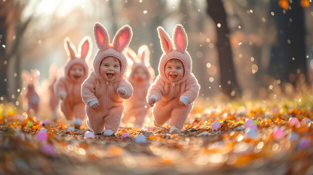 Scène ludique de bébés habillés en lapins qui courent pour les œufs de Pâques chassent les oeufs de pâques