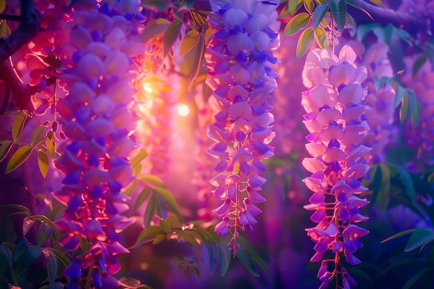 Scène magique du jardin du crépuscule avec la lueur du soleil à travers les fleurs de lilas en fleurs et le feuillage luxuriant