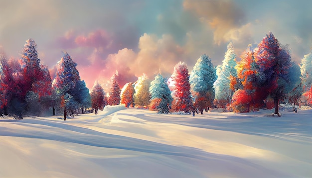 Scène magique de paysage d'hiver avec des arbres colorés