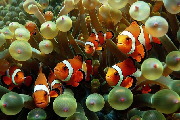 Une scène magique de poissons-clowns qui regardent en jouant.