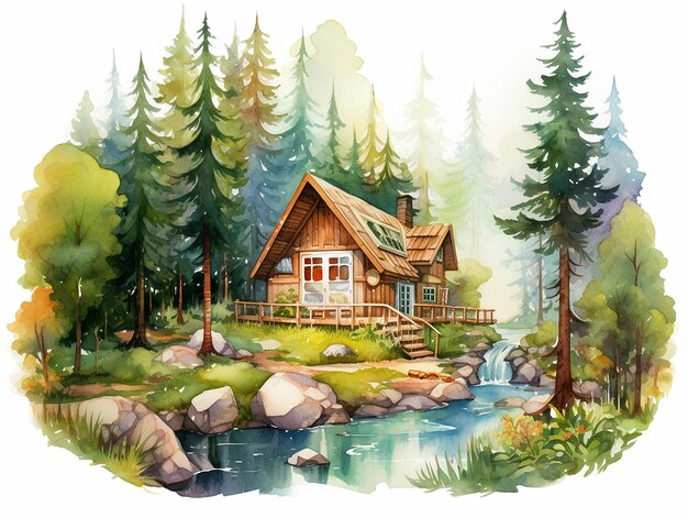 Scène d'une maison à l'aquarelle au fond des bois