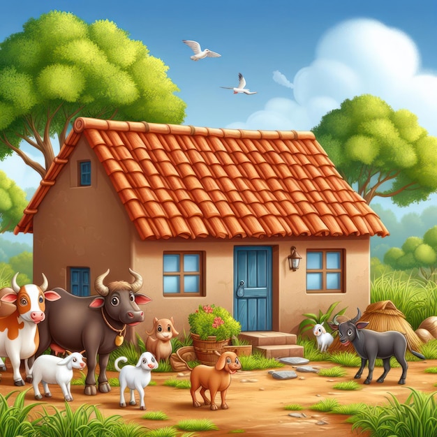 Une scène de maison d'argile propre avec de l'herbe et des arbres