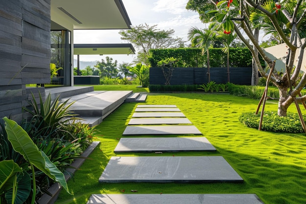 Photo scène de maison luxueuse avec un sentier de plantes clusia et une aire extérieure moderne en béton