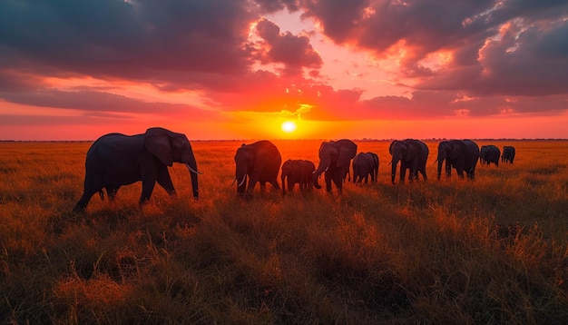 une scène majestueuse d'un troupeau d'éléphants marchant à travers la savane africaine au coucher du soleil