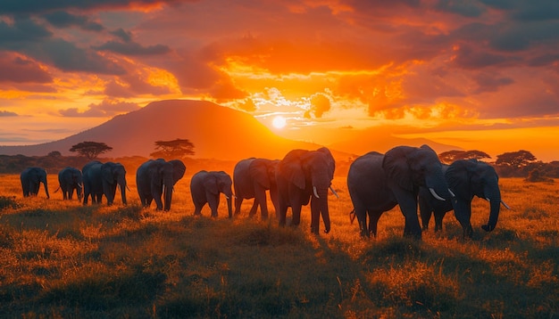 une scène majestueuse d'un troupeau d'éléphants marchant à travers la savane africaine au coucher du soleil