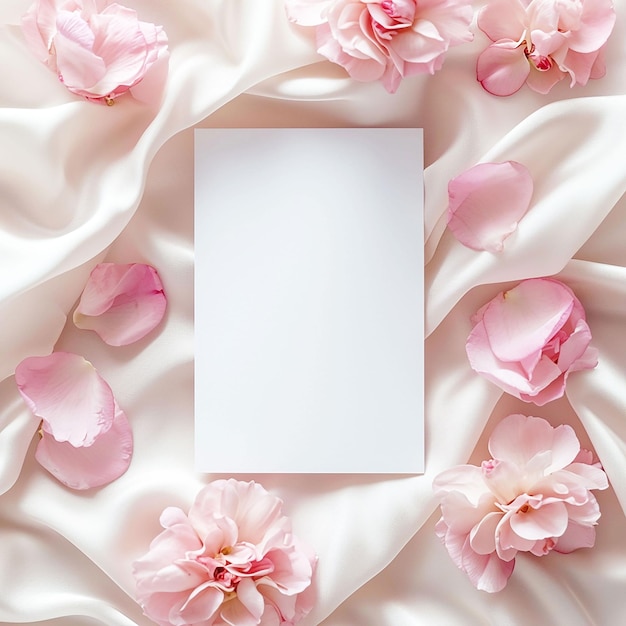 Scène de maquette d'anniversaire de mariage féminin Carte de voeux en papier blanc Fond floral rose