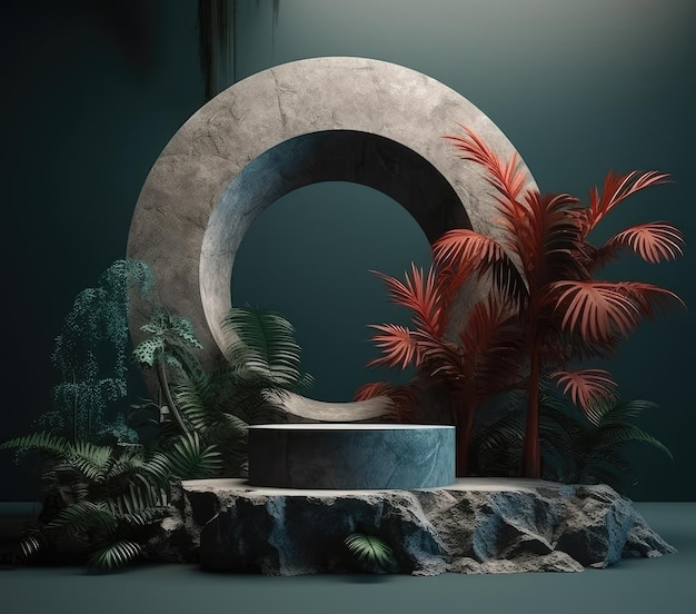 Scène de maquette d'un rocher avec un support rond sur un fond sombre un podium en pierre avec des feuilles de palmier tropicales Generative AI