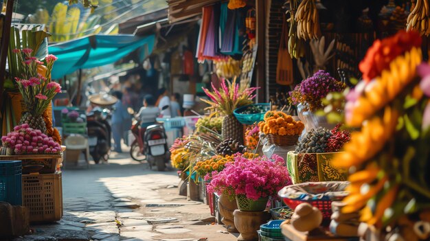Une scène de marché animée et animée avec une variété d'étals vendant des fleurs colorées, des fruits et d'autres marchandises