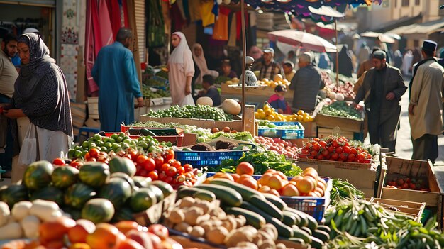 Photo une scène de marché animée avec des gens qui achètent et vendent des produits frais