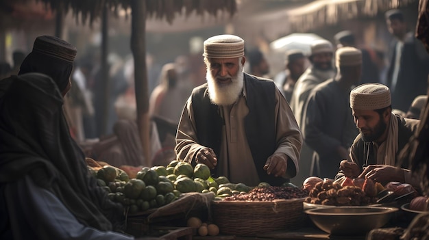 Une scène de marché animée pendant la distribution de la zakat