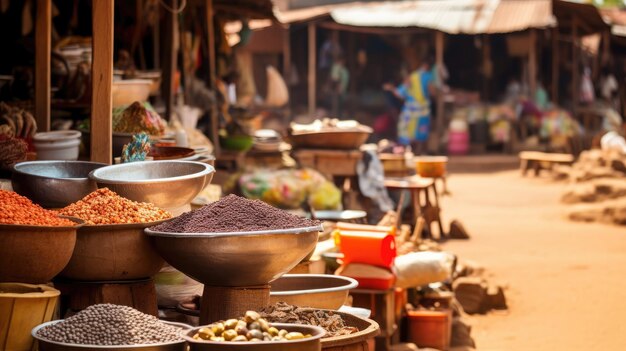 Scène de marché colorée avec des épices variées exposées dans des bols