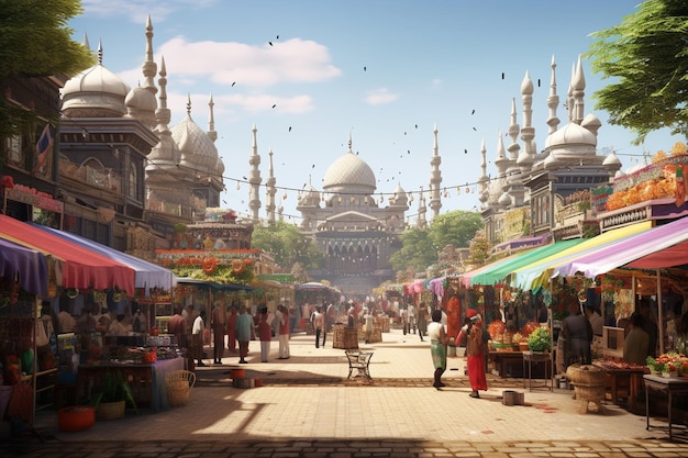 Photo scène de marché dynamique à l'extérieur d'une mosquée lors d'une ai générative