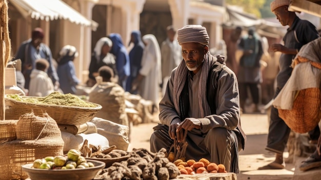 de Scène de marché local avec un nomade créant un nomade numérique