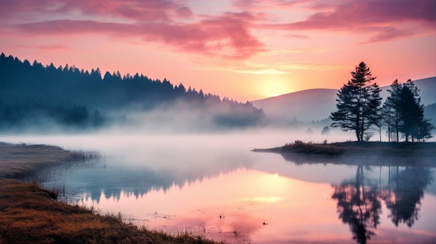 Scène matinale brumeuse du lac Lacu Rosu été brumeux beau coucher de soleil