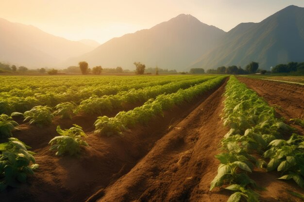 Scène matinale idyllique Des pommes de terre biologiques prospèrent dans les terres agricoles montagneuses