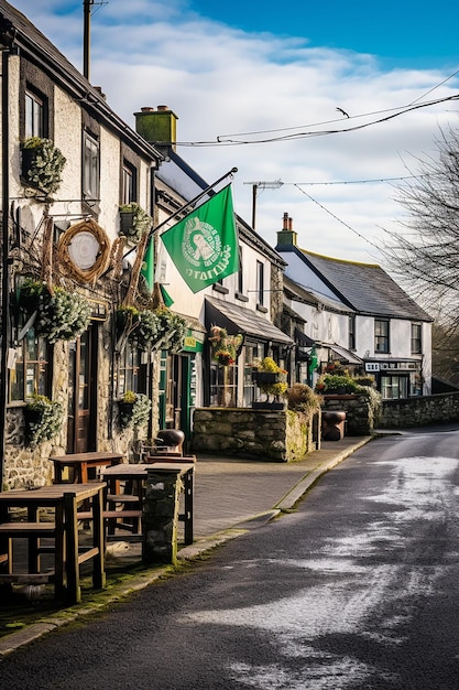 Une scène matinale sereine dans un village irlandais décoré pour le jour de Saint-Patrick