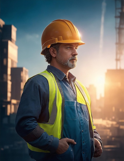 Scène matinale de vieil homme barbu sur un chantier de construction portant un chapeau et un uniforme de travailleur jaune