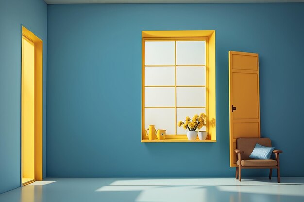 Scène minimale de fenêtre jaune sur fond de mur bleu