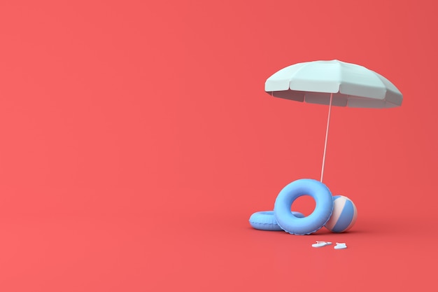 Scène minimale de parapluie avec ballon et anneau en caoutchouc, concept d'été, rendu 3D.