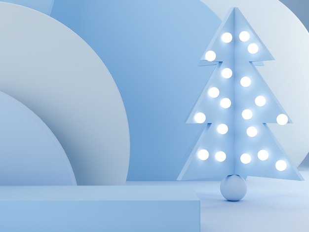 Photo scène minimale avec podium et arbre de noël avec scène de couleurs pastel bleu clair