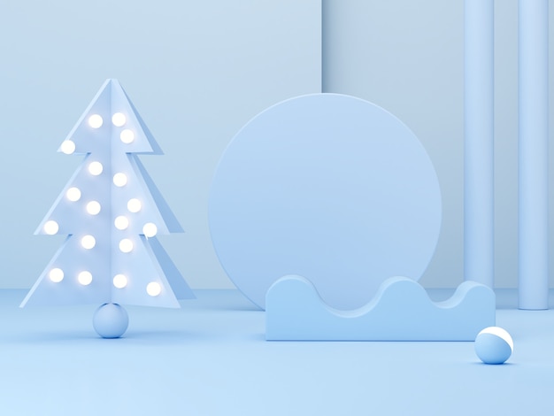 Photo scène minimale avec podium et arbre de noël avec scène de couleurs pastel bleu clair