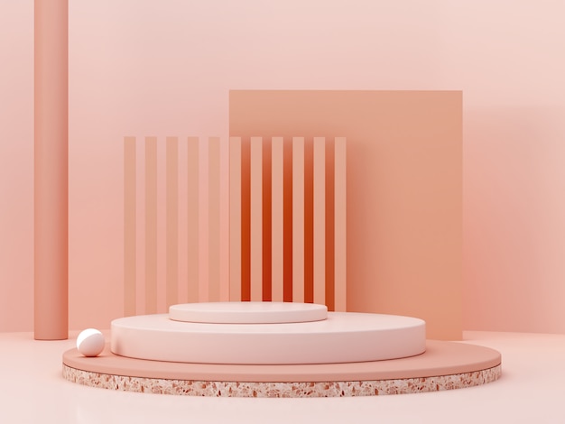 Scène minimale avec podium et fond abstrait. Formes géométriques. Scène de couleurs pastel. Rendu 3D minimal. Scène avec des formes géométriques et un fond texturé pour produit cosmétique. Rendu 3D.