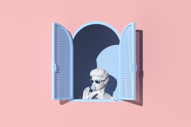 Scène minimale de sculpture humaine dans une fenêtre bleue sur fond de mur rose, concept minimal, rendu 3d.