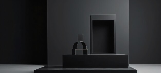 Scène minimaliste 3D avec des formes simples et des couleurs noires douces