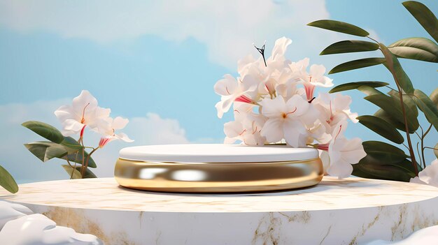 Photo une scène minimaliste d'affichage de podium en marbre blanc et or avec une fleur d'orchidée naturelle