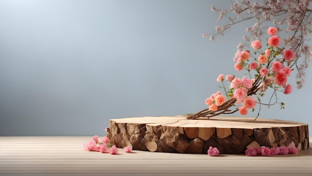 Une scène minimaliste d'un arbre abattu repose avec des fleurs sur un fond naturel