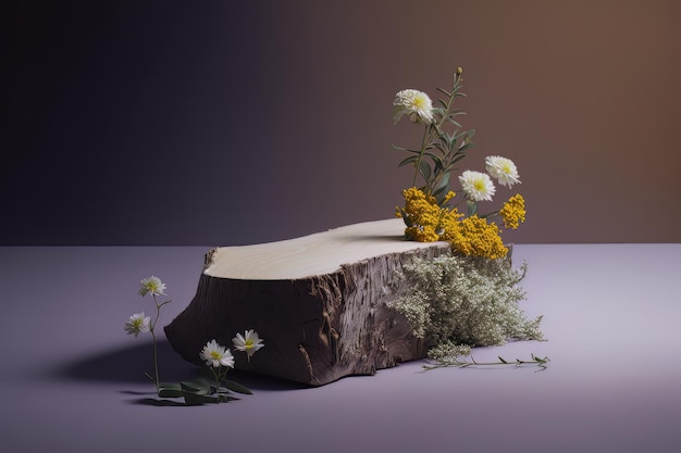 Scène minimaliste d'un arbre abattu se trouve avec des fleurs Illustration AI Generative