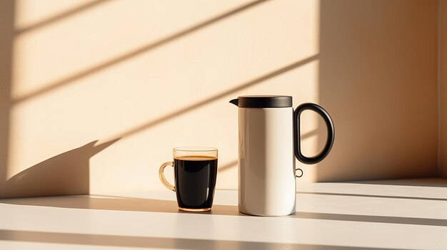 Une scène minimaliste mettant en vedette une tasse de café en céramique et une presse française avec l'accent sur le processus de brassage AI générative