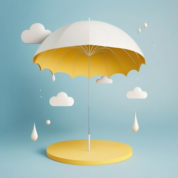 Scène minimaliste Parapluie bleu en lévitation sur fond jaune abstrait avec des nuages blancs et des objets volants IA générative