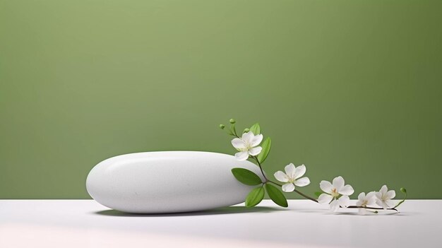 Une scène minimaliste d'une pierre couchée avec des fleurs de jasmines blanches sur fond vert Vitrine pour t