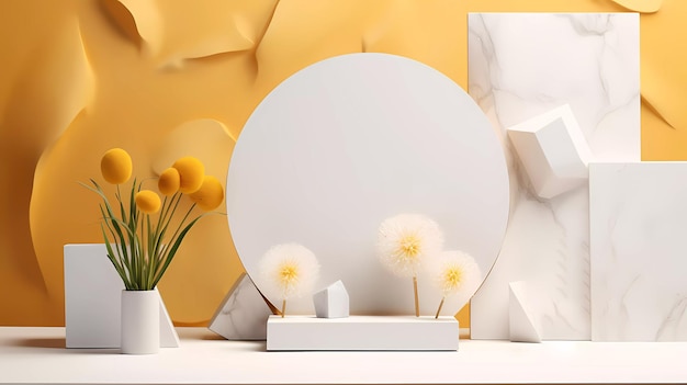 Une scène minimaliste de podium en marbre blanc et or avec une fleur de pissenlit naturelle