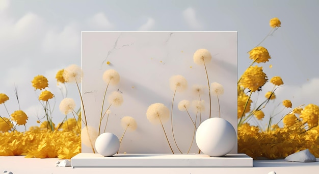 Une scène minimaliste de podium en marbre blanc et or avec une fleur de pissenlit naturelle