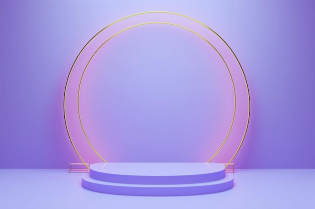 Une scène minimaliste avec un podium vide et des formes géométriques violettes