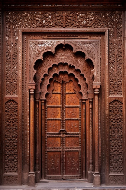 une scène minimaliste d'un seul panneau de porte en bois sculpté de manière complexe d'un ha traditionnel pakistanais