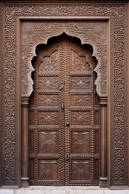 une scène minimaliste d'un seul panneau de porte en bois sculpté de manière complexe d'un ha traditionnel pakistanais