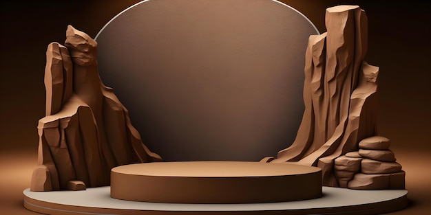 Scène minimaliste avec socle vide et plate-forme en pierre brune sur fond de grès 3D