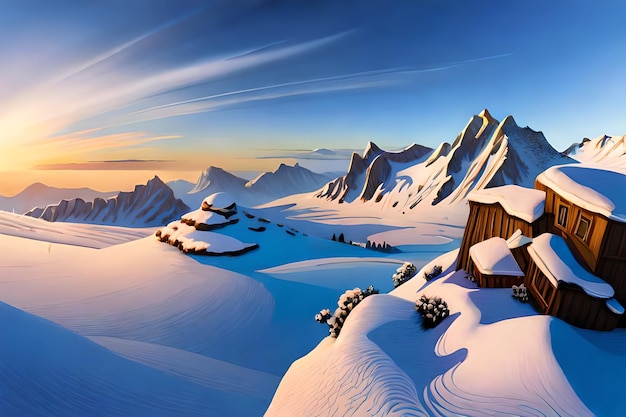 Une scène de montagne enneigée avec une petite cabane au premier plan et le soleil qui brille sur la neige.