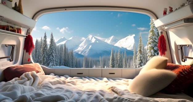 Scène de montagne hivernale vue par un campeur à l'intérieur du camping-car généré par l'IA