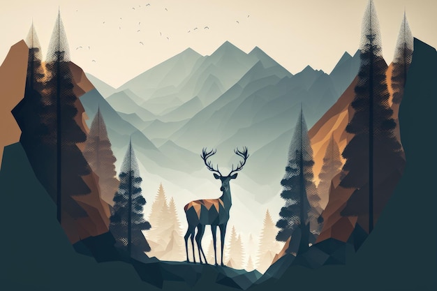 Scène montagneuse avec des pins et des cerfs sauvages