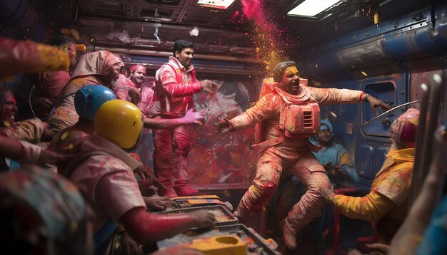 une scène montrant une célébration de Holi dans l'espace